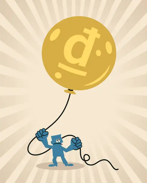 Vector illustration of A blue man desperately holds on to the money balloon flying upwards, the concept of inflation