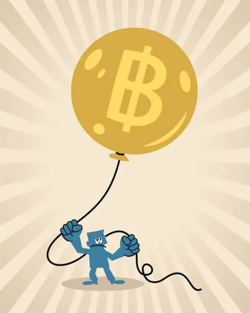 Vector illustration of A blue man desperately holds on to the money balloon flying upwards, the concept of inflation