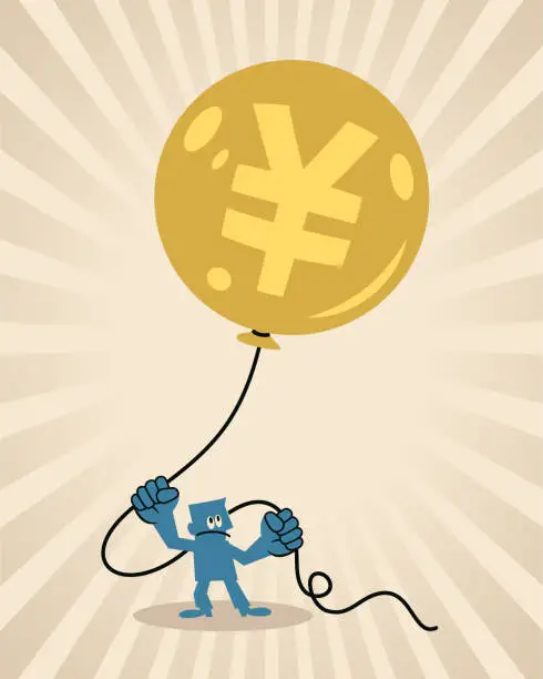 Vector illustration of A blue man desperately holds on to the money balloon flying upwards, the concept of inflation