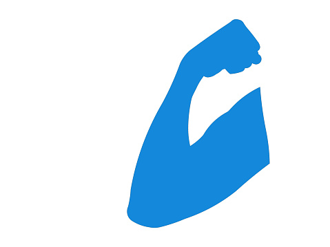 Flexing bicep muscle strength or power arm body builder icon isolated flat design on white background.
