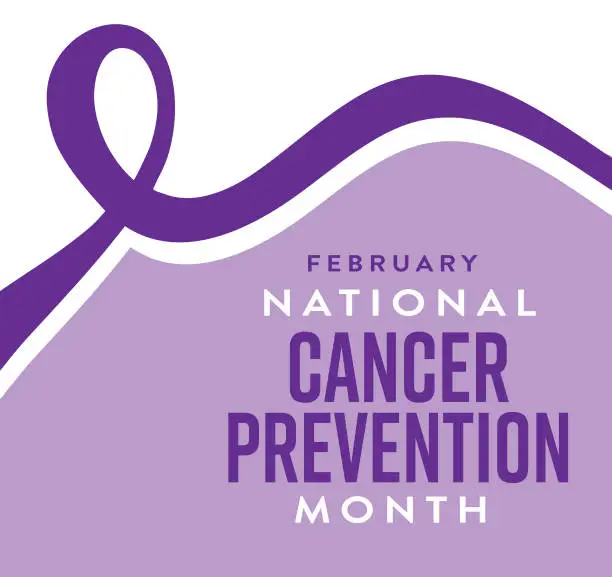 Vector illustration of National Cancer Prevention Month with purple ribbon February web banner design