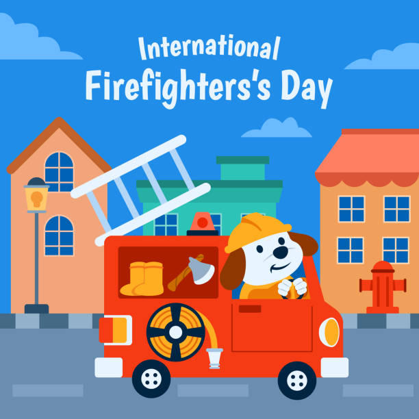 Fire Fighter Puppy On The Way Officer get duty call and driving on the way. International Firefighters Day stock illustrations