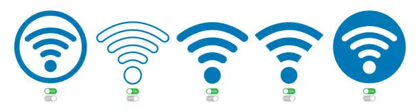 Vector illustration of Wifi icons on white background with on and off toggles.