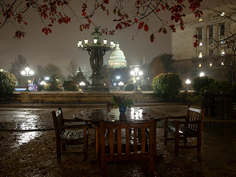 A cold rainy night at the Bartholdi Fountain in Washington, DC