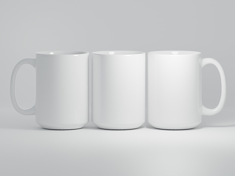 Realistic 15 oz Ceramic Mug Mock Up on a Plain White Background as 3D Rendering - Three Mugs.