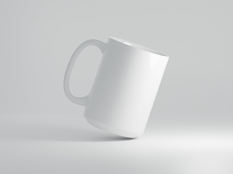 Floating and rotated white coffee cup 15 oz with copy space for the logo, text or design on a white background. Mock up for drink concept. 3D Rendering.