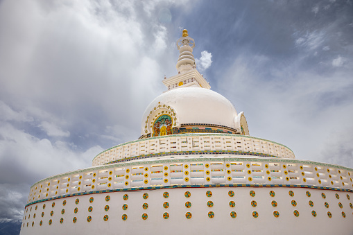 The Shanti stupa wide shot. It is believed that relics of Buddha lie at its base.