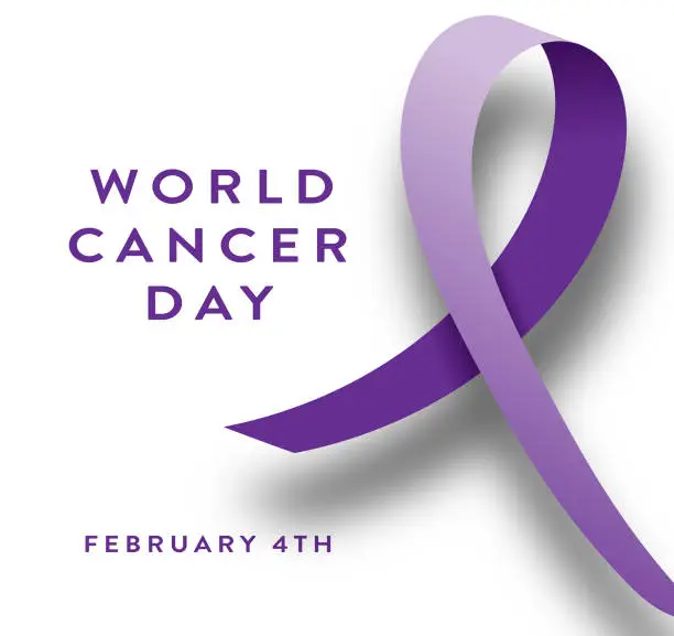 Vector illustration of World Cancer Day February 4 with purple ribbon web banner design on white background
