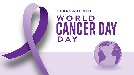 Vector illustration of a World Cancer Day February 4 with purple ribbon web banner design. Includes editable vector eps and jpg file in download. Easy to edit. All fonts outlined.