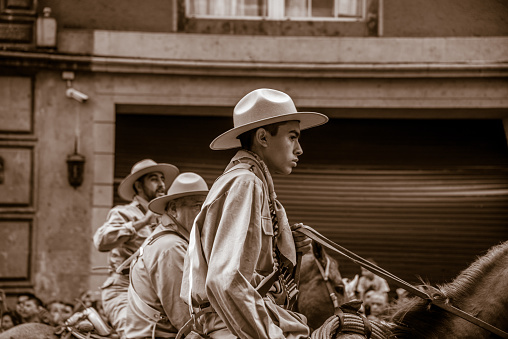 Mexico City Mexico, November 20 /2019 Mexican Revolution commemorative parade historic center Mexico City Mexican man dressed as a revolutionary riding a horse wearing a charro cheek hat in the November 20 parade