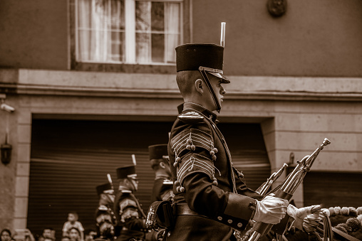 Mexico City Mexico, November 20 /2019 Mexican Revolution commemorative parade historic center Mexico City Mexican Revolution parade on November 20 in Mexico City with locomotives and historical figures from the battle of independence and revolution, Pancho Villa, adelitas, and revolutionary soldiers