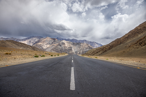 Empty highway from Leh to Nubra valley, Ladakh region