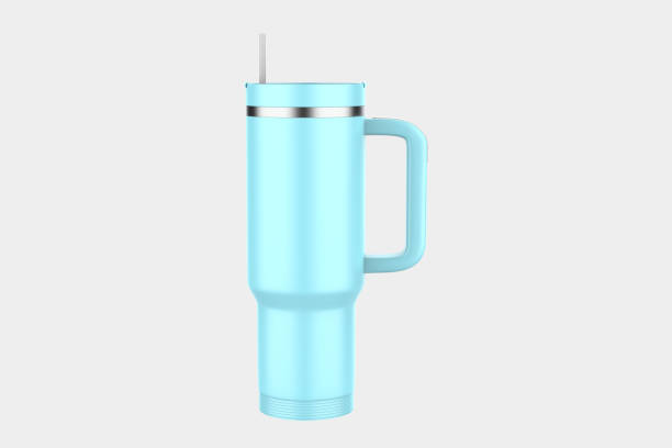 stainless steel tumbler and mug stainless steel tumbler and mug vacuum insulated double wall travel cup with lid isolated on white. 3d illustration handle stock pictures, royalty-free photos & images