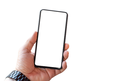 Close-up of left hand holding smartphone with blank screen on isolated white background. Clipping path.