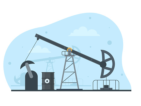 Oil and gas mining with crane construction. Barrel with fuel icon and drilling equipment