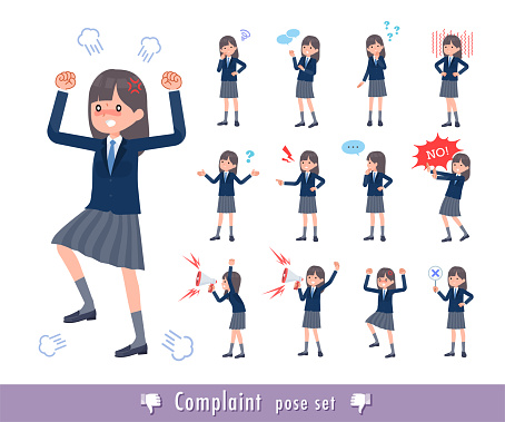 A set of navy blazer student women expressing their discontent.It's vector art so easy to edit.