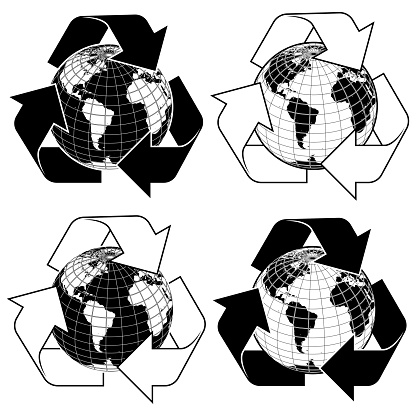Recycling logo vector design with Planet Earth, earth sphere design with recycling arrows
