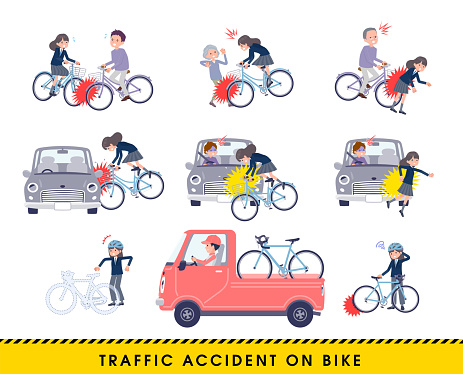 A set of navy blazer student women in a bicycle accident.It's vector art so easy to edit.