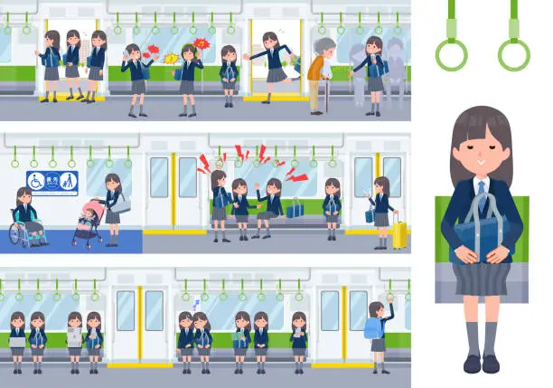 Vector illustration of A set of navy blazer student women on the train