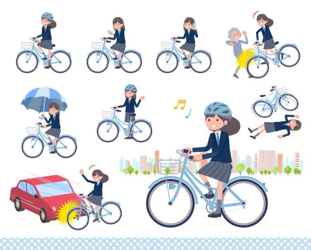 Vector illustration of A set of navy blazer student women riding a city cycle
