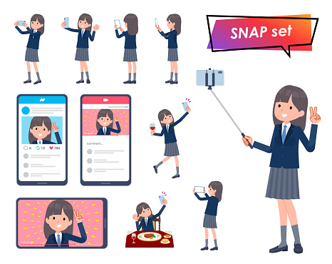A set of navy blazer student women shooting with a smartphone.It's vector art so easy to edit.