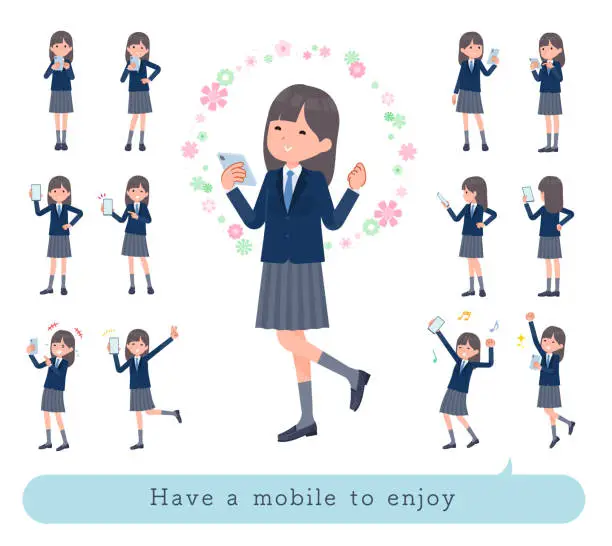 Vector illustration of A set of navy blazer student women to enjoy using a smartphone