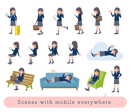 A set of navy blazer student women who uses a smartphone in various scenes.It's vector art so easy to edit.