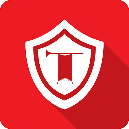 Vector illustration of a shield and fanfare trumpet with banner icon against a red background in flat style.