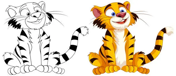 Vector illustration of Black and white and colored tiger illustrations side by side.