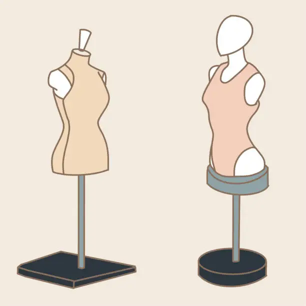 Vector illustration of Tailor mannequins, Display cases showcases half body mannequin tailor forms. Sewing dummies. Hand drawn flat cartoon character vector illustration