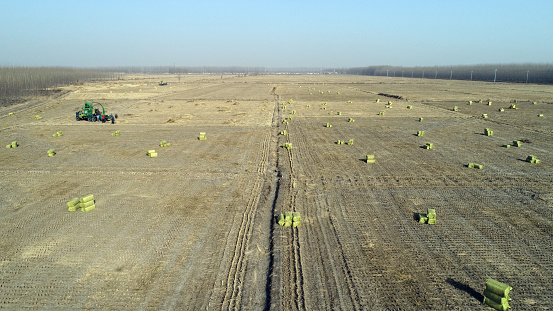 farmers use agricultural machinery to pack rice straw on a farm in LUANNAN COUNTY, Hebei Province, China