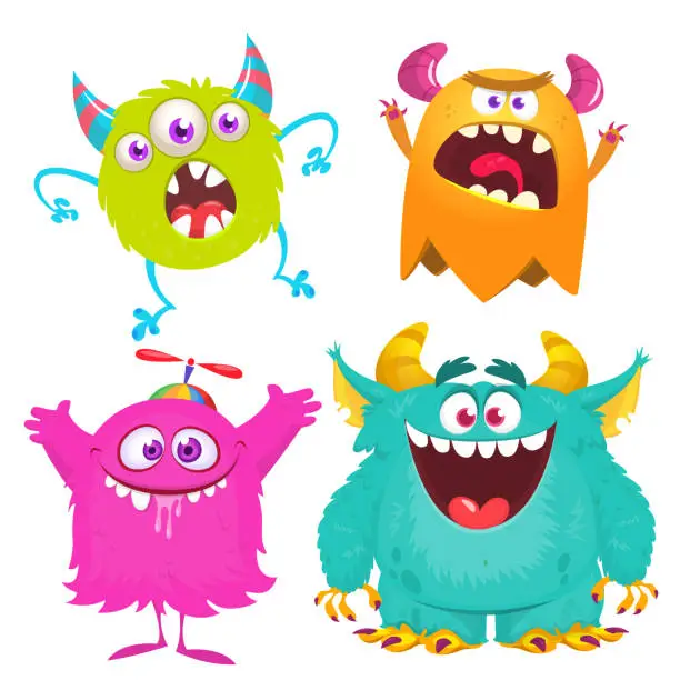 Vector illustration of Funny cartoon monsters with different face expressions. Set of cartoon vector funny monsters characters. Halloween design for party decoration, stickers or package