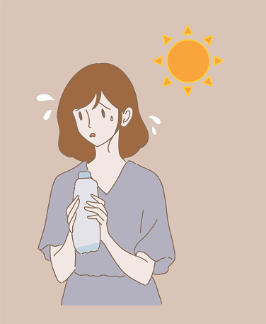 Thirsty woman holding bottle of water, struggling with heatstroke in hot weather. Dehydration from heat Hand drawn flat cartoon character vector illustration.