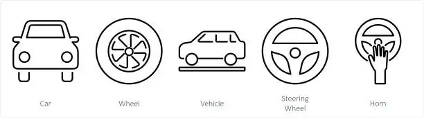 Vector illustration of A set of 5 Car icons as car, wheel, vehicle