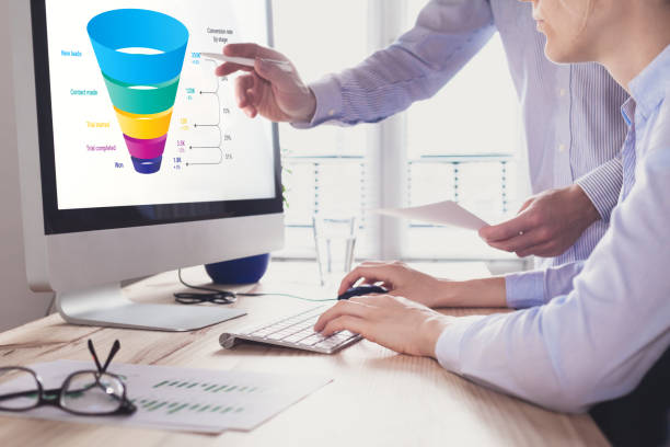 Marketing funnel and data analytics used by a team of sales consultant to analyze leads generation, conversion rate, and sales performance of e-commerce. Multi-channel advertising, customer journey. stock photo