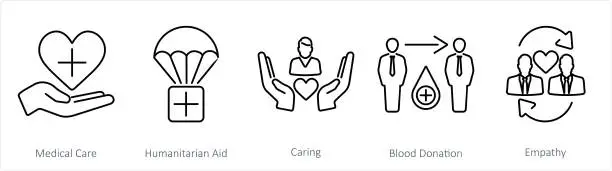 Vector illustration of A set of 5 Charity and donation icons as medical care, humanitarian aid, caring