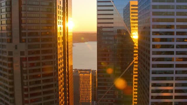 AERIAL Central Business District of Seattle at sunset