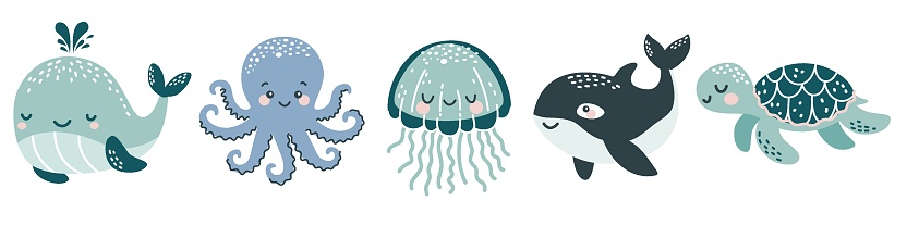 Vector illustration collection in children's Scandinavian style. A whale, an octopus, a jellyfish, an orca, a turtle.