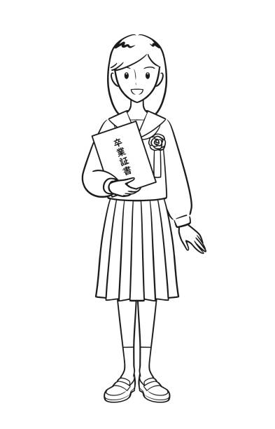 ilustrações de stock, clip art, desenhos animados e ícones de junior high school girl with a diploma (line drawing) - pre adolescent child child white background asian ethnicity