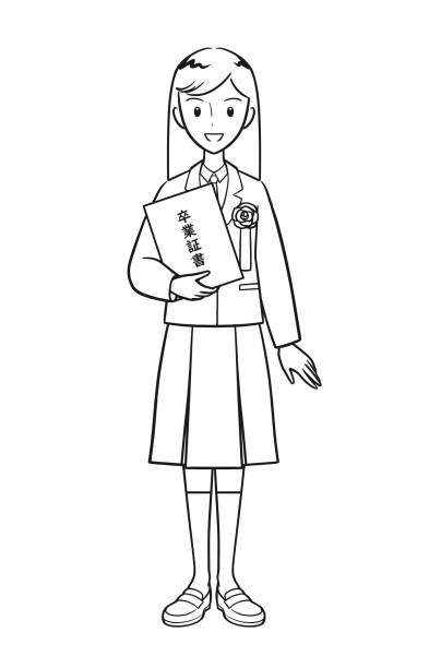 ilustrações de stock, clip art, desenhos animados e ícones de high school girl with a diploma (line drawing) - pre adolescent child child white background asian ethnicity