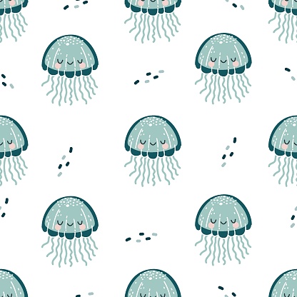 Seamless vector pattern. Cute jellyfish with a smiling face. Cute pattern for children's products on white background