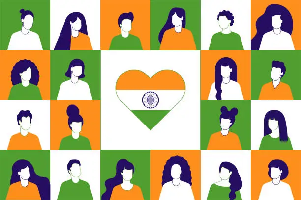Vector illustration of I love India. Flag of India. Hindus. Studying in India. Indian students. India Independence Day. Indian Ethnicity. Elections in India. Hindi Language.  People the colors of the India flag. Patriot of India. Indian nationalism. Hindu Family. Indian family.