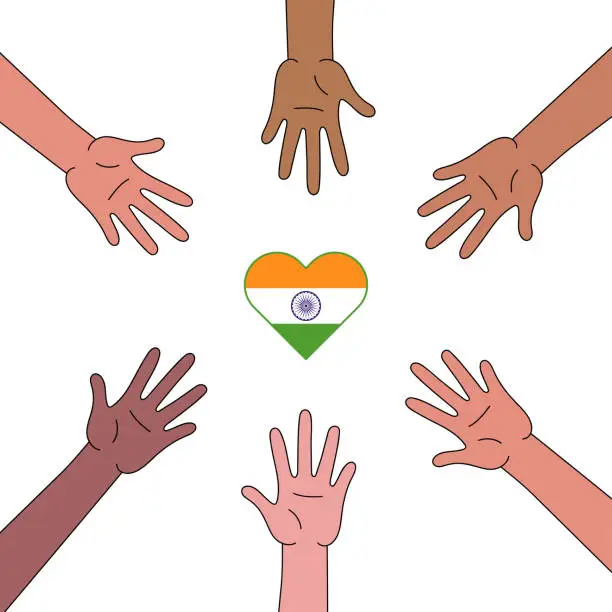 Vector illustration of I love India. Indian Ethnicity. Indian family. Unity of India. Indian nationalism. Flag of India. Multiracial Group of India. Volunteers of India. Heart icon in the colors of the Indian flag. India Independence Day. Multiracial Group. Elections in India.