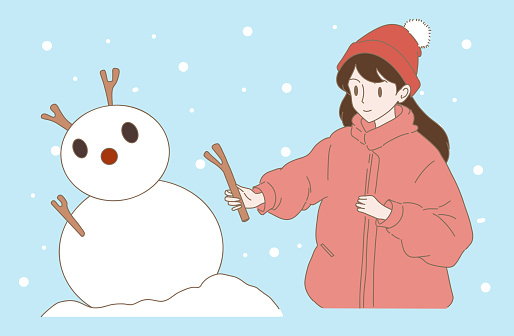Woman holding twig, making snowman in winter. Girl playing outdoors on winter holidays.  Teenager having fun in wintertime. Hand drawn flat cartoon character vector illustration.