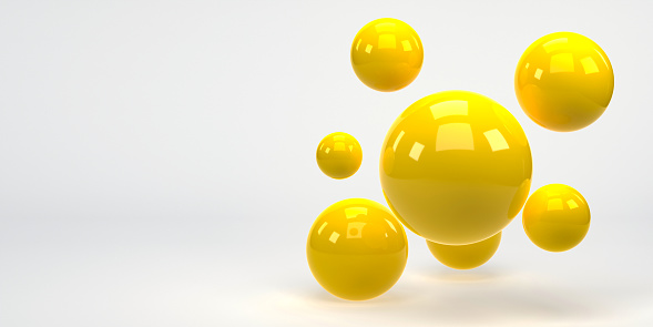 3D rendering, 3D illustration. Flying yellow spheres ball on white background. Minimal concept.