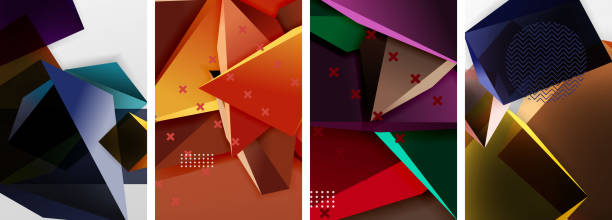 Trendy low poly 3d triangle shapes and other geometric elements background designs for wallpaper, business card, cover, poster, banner, brochure, header, website vector art illustration