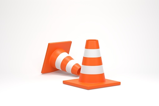 3D render, 3D illustration. Traffic construction cone with white and orange stripes isolated on white background.