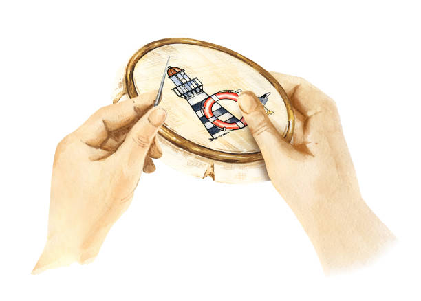акварельная иллюстрация женских рук вышивать, держать иглу и рамку для вышивания с рисунком, нарисованный от руки эскиз темы рукоделия, хоб - embroidery embroider wool thread stock illustrations