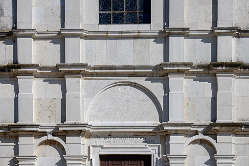 Rovinj, Croatia, Istria - September 29, 2023: Facade of 18th century baroque Saint Euphemia Church, main entrance