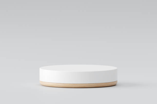 istock Modern white podium wood surface display 3d show stage background with minimal product pedestal platform presentation scene empty mockup showcase stand natural cosmetic advertising wooden backdrop. 1976856701